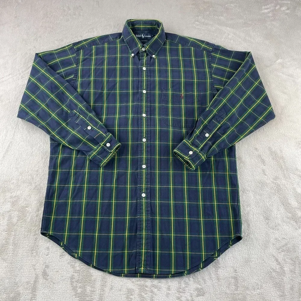 Vintage Polo Ralph Lauren Shirt Men Medium‎ Navy Tartan Plaid Blaire Preppy Pony